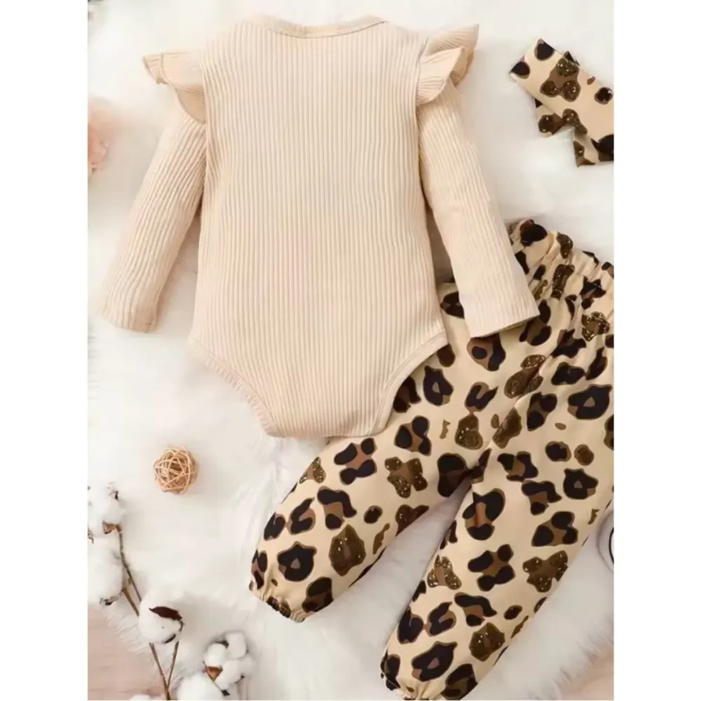 New Cream Ribbed Baby Bodysuit with Leopard Print Pants 12-18 months